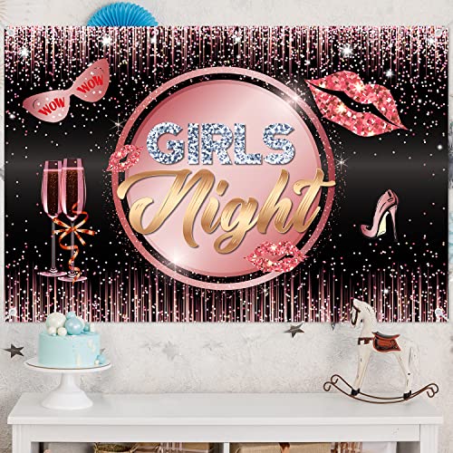 Girls Night Backdrop Banner Party Decorations for Women Lady Girls Rose Gold Pink High Heels Champagne Bachelorette Bridal Shower Night Background Photography Decor Supplies Glitter