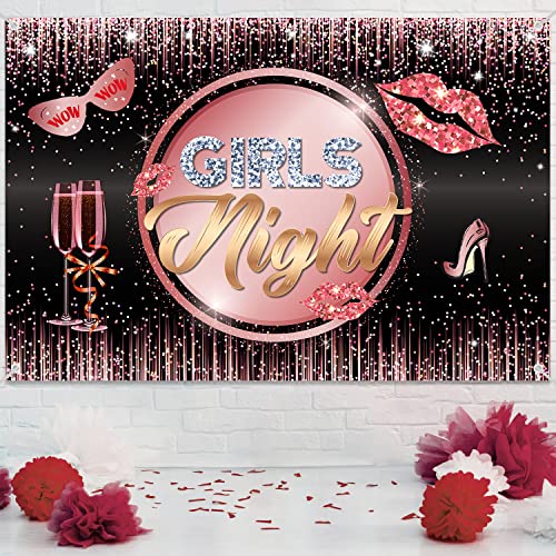 Girls Night Backdrop Banner Party Decorations for Women Lady Girls Rose Gold Pink High Heels Champagne Bachelorette Bridal Shower Night Background Photography Decor Supplies Glitter