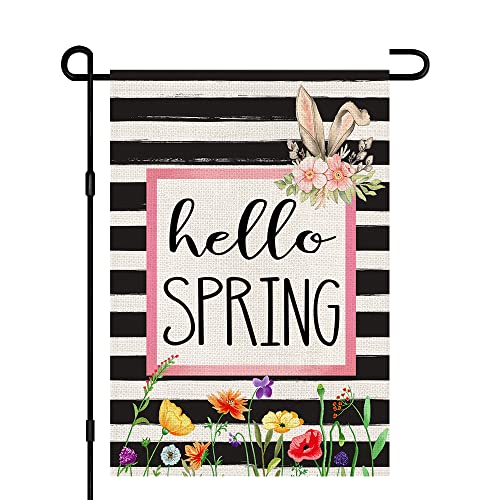 Hello Spring Flower Garden Flag 12x18 Inch Double Sided Burlap Outside, Seasonal Floral Bunny Sign Yard Farmhouse Outdoor Decor DF231