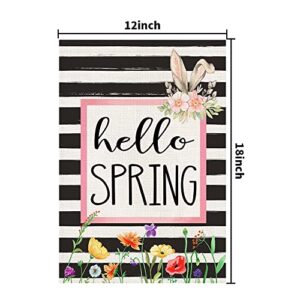 Hello Spring Flower Garden Flag 12x18 Inch Double Sided Burlap Outside, Seasonal Floral Bunny Sign Yard Farmhouse Outdoor Decor DF231