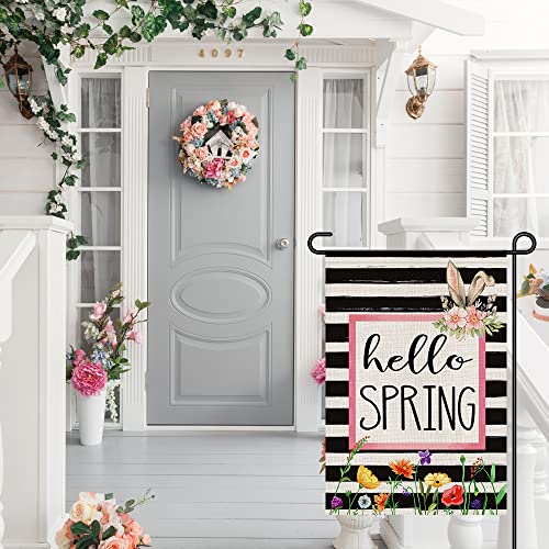 Hello Spring Flower Garden Flag 12x18 Inch Double Sided Burlap Outside, Seasonal Floral Bunny Sign Yard Farmhouse Outdoor Decor DF231