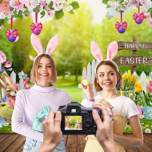 Easter Backdrop, Easter Bunny Photo Backdrops for Photography 7x5ft, Farmhouse Happy Easter Day Lily Tulips Back Drops Background for Pictures Spring Easter Party Decorations Banner Booth Props