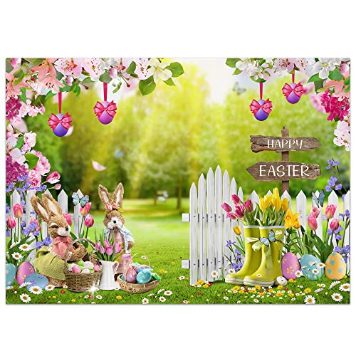 Easter Backdrop, Easter Bunny Photo Backdrops for Photography 7x5ft, Farmhouse Happy Easter Day Lily Tulips Back Drops Background for Pictures Spring Easter Party Decorations Banner Booth Props