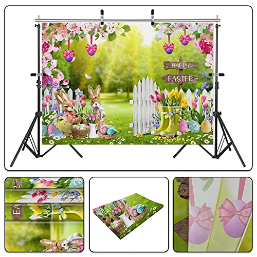 Easter Backdrop, Easter Bunny Photo Backdrops for Photography 7x5ft, Farmhouse Happy Easter Day Lily Tulips Back Drops Background for Pictures Spring Easter Party Decorations Banner Booth Props