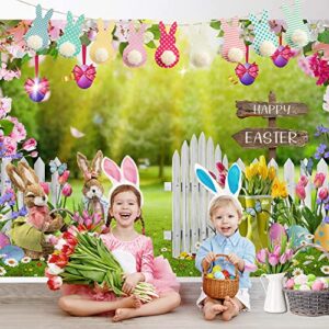 Easter Backdrop, Easter Bunny Photo Backdrops for Photography 7x5ft, Farmhouse Happy Easter Day Lily Tulips Back Drops Background for Pictures Spring Easter Party Decorations Banner Booth Props