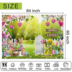 Easter Backdrop, Easter Bunny Photo Backdrops for Photography 7x5ft, Farmhouse Happy Easter Day Lily Tulips Back Drops Background for Pictures Spring Easter Party Decorations Banner Booth Props