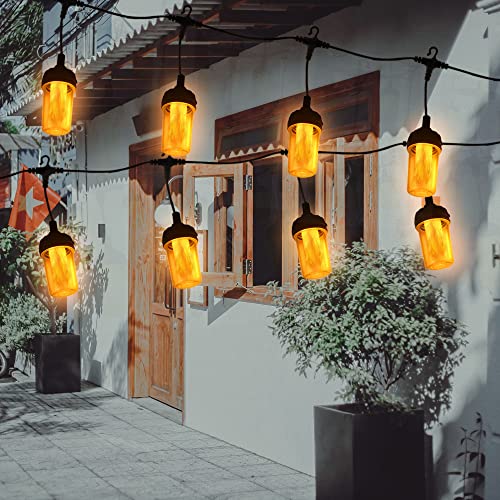 23 FT Solar Flickering Flame Outdoor String Lights 15 LED Waterproof Decorative Hanging Patio Backyard Garden Party Wedding Christmas Transparent (Warm White)