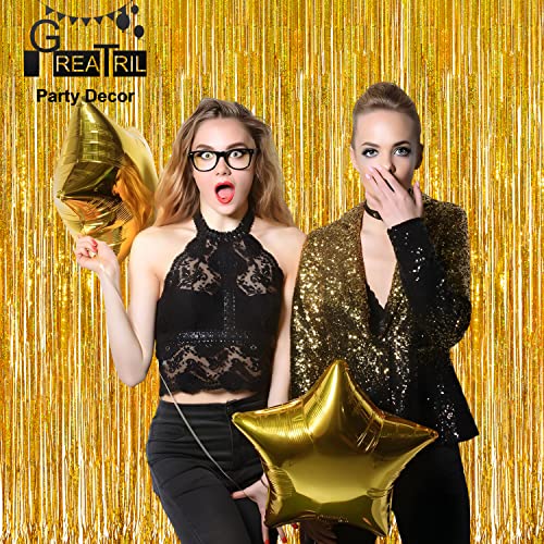 Gold Fringe Curtain Tinsel Backdrop - GREATRIL Foil Fringe Curtain Party Decor Streamers for Birthday Christmas New Year Graduation Theme Party Decorations Pack of 2