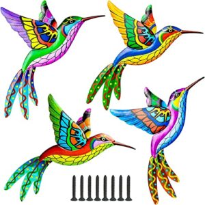 4 pack metal hummingbird wall art decor 10.5 inches, 3d outdoor wall art patio fence decorations, colorful metal yard art hanging garden decor for outside, house, porch, living room, christmas gift