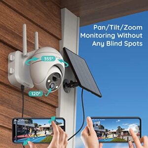 Solar Security Camera Outdoor, 2K Wireless WiFi 360° PTZ Camera, Solar Powered Security Cameras with Spotlight & Siren, Color Night Vision, PIR Motion Detection, 15000mAh Battery, 2 Way Audio, IP65