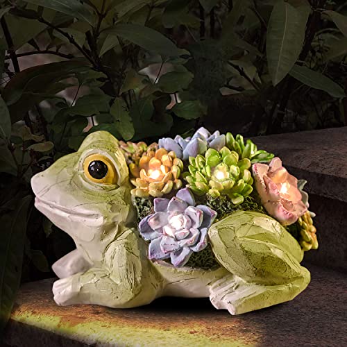 pearlstar Garden Statues Frog Figurine - Solar Powered Resin Animal Sculpture, Waterproof Lights Indoor Outdoor Decor, LED Yard Art Decoration Landscape Lawn Ornaments for Patio Backyard (1 Pack)