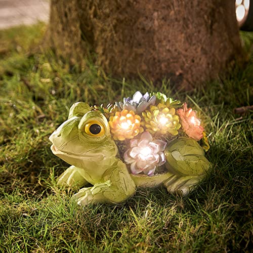 pearlstar Garden Statues Frog Figurine - Solar Powered Resin Animal Sculpture, Waterproof Lights Indoor Outdoor Decor, LED Yard Art Decoration Landscape Lawn Ornaments for Patio Backyard (1 Pack)