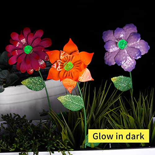 Floral Garden Stake Decor,Glow in Dark Outdoor Plant Pick Water Proof Metal Flower Stick for Lawn Yard Patio,Pathway Ornament,Set of 3