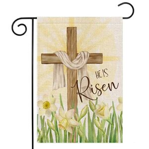 easter cross garden flag 12×18 inch double sided,religious cross he is risen with narcissus,small spring yard flag for outside farmhouse seasonal holiday outdoor decor