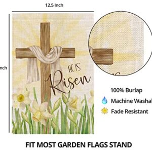 Easter Cross Garden Flag 12x18 Inch Double Sided,Religious Cross He is Risen with Narcissus,Small Spring Yard Flag for Outside Farmhouse Seasonal Holiday Outdoor Decor