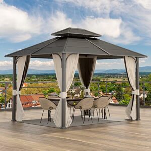 olilawn gazebo 10×12, outdoor hardtop gazebo with durable metal frame, galvanized steel double top gazebo with ventilation, all-weather metal gazebo with netting and curtains, for patios gardens lawns