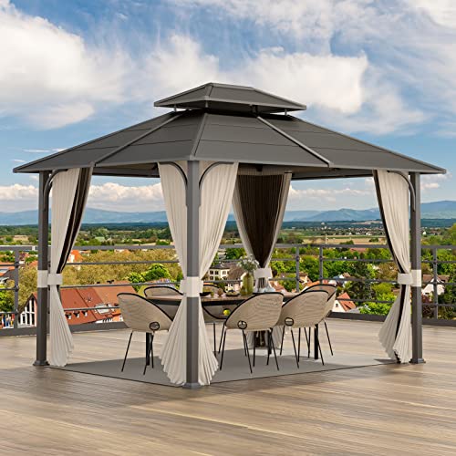 OLILAWN Gazebo 10x12, Outdoor Hardtop Gazebo with Durable Metal Frame, Galvanized Steel Double Top Gazebo With Ventilation, All-Weather Metal Gazebo with Netting and Curtains, For Patios Gardens Lawns