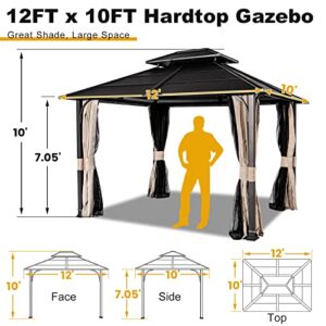 OLILAWN Gazebo 10x12, Outdoor Hardtop Gazebo with Durable Metal Frame, Galvanized Steel Double Top Gazebo With Ventilation, All-Weather Metal Gazebo with Netting and Curtains, For Patios Gardens Lawns