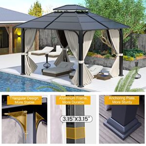 OLILAWN Gazebo 10x12, Outdoor Hardtop Gazebo with Durable Metal Frame, Galvanized Steel Double Top Gazebo With Ventilation, All-Weather Metal Gazebo with Netting and Curtains, For Patios Gardens Lawns