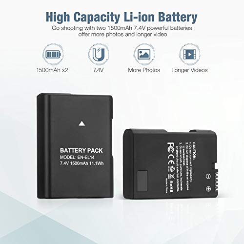 EN-EL14 EN EL14A Battery 2-Pack 1500mAh Li-ion Batteries Compatible with Nikon D3100 D3200 D3300 D3400 D3500 D5100 D5200 D5300 D5500 D5600 DF Coolpix P7000 P7100 P7700 P7800