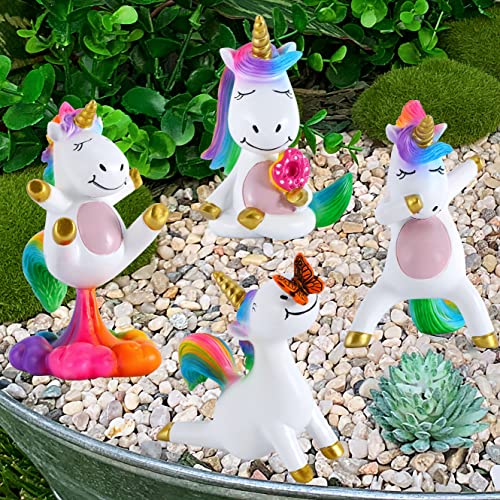 Mood Lab Miniature Unicorn Figurines Set - Funny Mini Statue Kit of 4 pcs - Unicorn Fairy Garden Accessories