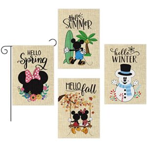 d1resion 4pcs seasonal garden flag set hello spring summer fall winter cartoon mouse burlap yard flags double sided print vertical house flag autumn decorations for home outdoor lawn 12.4 x 18.1 in