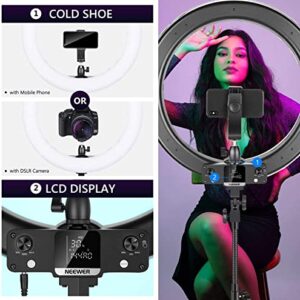 Neewer 18-inch RGB Ring Light with APP Control, Dimmable Bi-Color 3200K-5600K CRI 97+ LED Ring Light with Stand, 0-360 Full Color, 9 Scenes Effect for Selfie/Makeup/Party/Vlog/YouTube/Photography