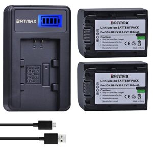 batmax 2 packs battery + lcd charger for sony np-fv30,np-fv40,np-fv50 batteries;sony fdr-ax53 hdr-cx230 hdr-cx220 cx330 cx380 cx455 cx900 cx430v td30v fdr-ax100 handycam camcorder and more