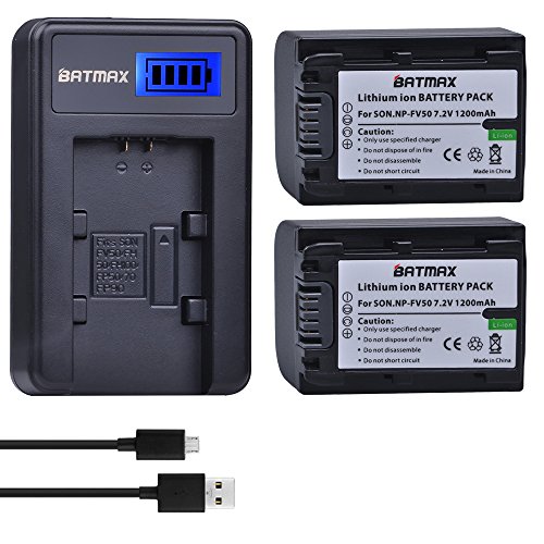 Batmax 2 Packs Battery + LCD Charger for Sony NP-FV30,NP-FV40,NP-FV50 Batteries;Sony FDR-AX53 HDR-CX230 HDR-CX220 CX330 CX380 CX455 CX900 CX430V TD30V FDR-AX100 Handycam Camcorder and More