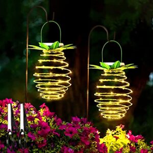 tcamp 2 pack 60leds pineapple solar lights outdoor solar lights hanging solar lantern with handle, solar powered garden outdoor decorative pineapple lights for patio yard porch path (warm white)