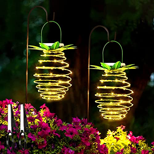 Tcamp 2 Pack 60LEDS Pineapple Solar Lights Outdoor Solar Lights Hanging Solar Lantern with Handle, Solar Powered Garden Outdoor Decorative Pineapple Lights for Patio Yard Porch Path (Warm White)