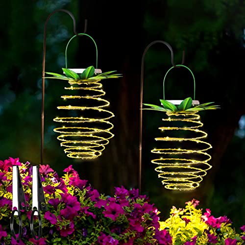 Tcamp 2 Pack 60LEDS Pineapple Solar Lights Outdoor Solar Lights Hanging Solar Lantern with Handle, Solar Powered Garden Outdoor Decorative Pineapple Lights for Patio Yard Porch Path (Warm White)