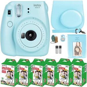 fujifilm instax mini 9 instant camera + fujifilm instax mini film (60 sheets) bundle with deals number one accessories including carrying case, selfie lens, photo album (ice blue)