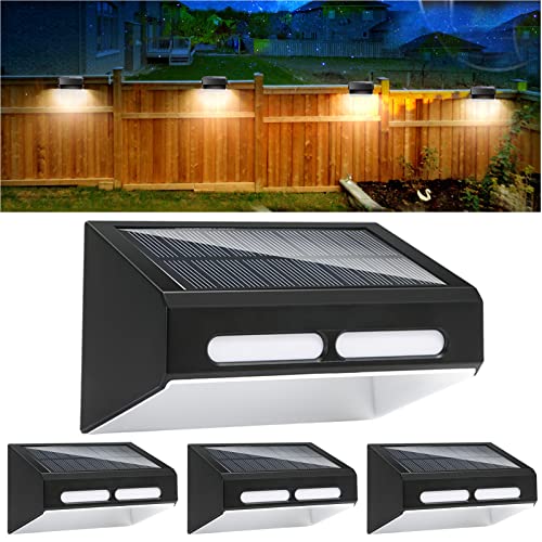 Fence Solar Lights, 4 Pack Outdoor Solar Fence Lights, Deck Lights Solar Powered IP65 Waterproof Solar Outdoor Lights for Fence Garden Backyard Patio Yard Stair Step Wall Railing -Warm and Cool Light