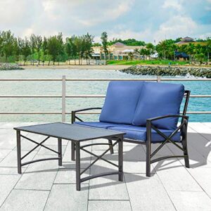 lokatse home 2 pieces patio loveseat metal frame with coffee table outdoor bistro furniture set for lawn porch garden yard poolside, blue