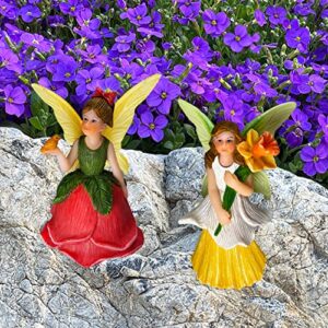 Mood Lab Fairy Garden - Miniature Fairy Figurines - Flower Girls Set of 2 pcs - Narcissus & Rose Fairies Accessories Statue Kit