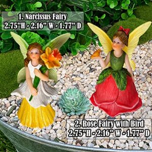 Mood Lab Fairy Garden - Miniature Fairy Figurines - Flower Girls Set of 2 pcs - Narcissus & Rose Fairies Accessories Statue Kit