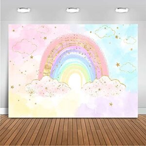 mocsicka rainbow birthday backdrop colorful rainbow girl’s party decorations banner pastel watercolor gold rainbow of fun cake table decor photo booth prop (7x5ft (82×60 inch))