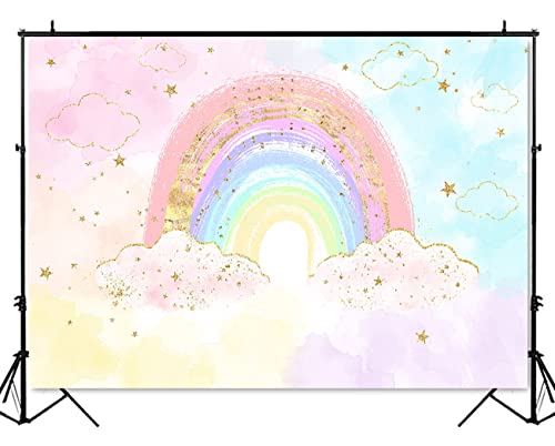 Mocsicka Rainbow Birthday Backdrop Colorful Rainbow Girl's Party Decorations Banner Pastel Watercolor Gold Rainbow of Fun Cake Table Decor Photo Booth Prop (7x5ft (82x60 inch))
