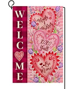baccessor valentine’s day welcome garden flag double sided tulips hugs kisses be mine love heart burlap flag 12.5×18 inch spring seasonal holiday yard outdoor decoration