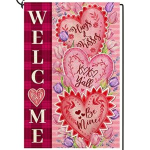 Baccessor Valentine's Day Welcome Garden Flag Double Sided Tulips Hugs Kisses Be Mine Love Heart Burlap Flag 12.5x18 inch Spring Seasonal Holiday Yard Outdoor Decoration
