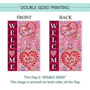 Baccessor Valentine's Day Welcome Garden Flag Double Sided Tulips Hugs Kisses Be Mine Love Heart Burlap Flag 12.5x18 inch Spring Seasonal Holiday Yard Outdoor Decoration