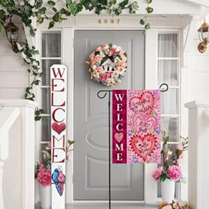 Baccessor Valentine's Day Welcome Garden Flag Double Sided Tulips Hugs Kisses Be Mine Love Heart Burlap Flag 12.5x18 inch Spring Seasonal Holiday Yard Outdoor Decoration