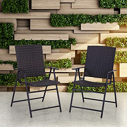 Sophia & William Patio Folding Dining Chairs Set of 2 Outdoor Wicker Rattan Chair with Steel Frame and Armrest for Garden Pool Balcony Lawn