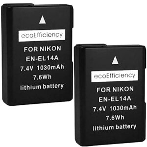 ecoefficiency 2-pack of en-el14, en-el14a batteries for nikon d3500, d3100, d3200, d3300, d3400, d5100, d5200, d5300, d5500, d5600, df, coolpix p7000, p7100, p7700, p7800 dslr cameras