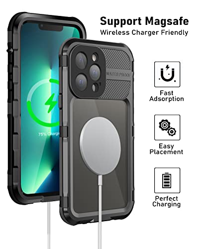 WIFORT iPhone 13 Pro Waterproof Metal Case - Built-in [Screen Protector][15FT Military Grade Shockproof][IP68 Water Proof], Full Body Aluminum Protective Dropproof Cover, 6.1" Black