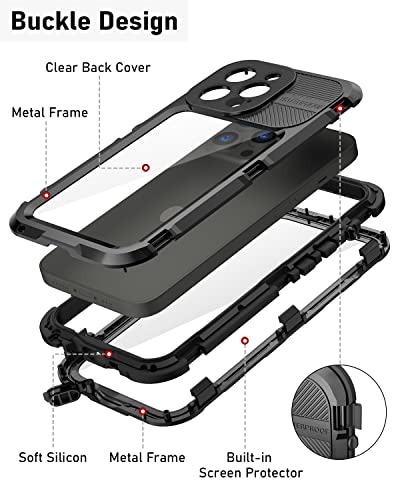 WIFORT iPhone 13 Pro Waterproof Metal Case - Built-in [Screen Protector][15FT Military Grade Shockproof][IP68 Water Proof], Full Body Aluminum Protective Dropproof Cover, 6.1" Black