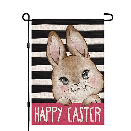 Happy Easter Bunny Stripes Garden Flag Burlap Rabbit Spring Summer Rustic Farmhouse Yard Outdoor Decoration 12 x 18 Inch DF023