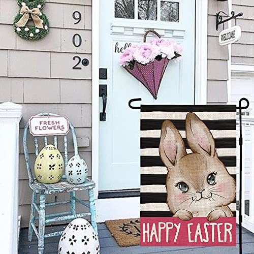 Happy Easter Bunny Stripes Garden Flag Burlap Rabbit Spring Summer Rustic Farmhouse Yard Outdoor Decoration 12 x 18 Inch DF023