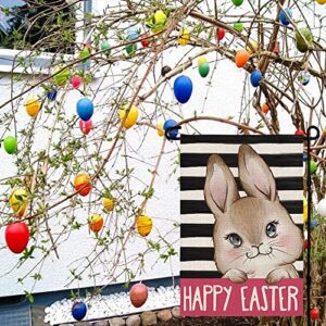 Happy Easter Bunny Stripes Garden Flag Burlap Rabbit Spring Summer Rustic Farmhouse Yard Outdoor Decoration 12 x 18 Inch DF023